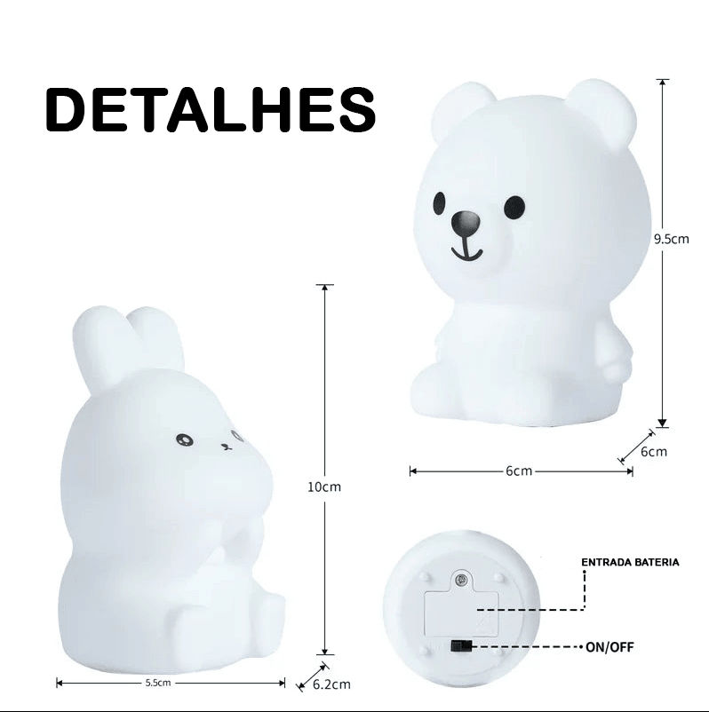 Luminária de Coelhinho e Ursinho de Silicone Macio para Decoração de Quarto - Oftaluz