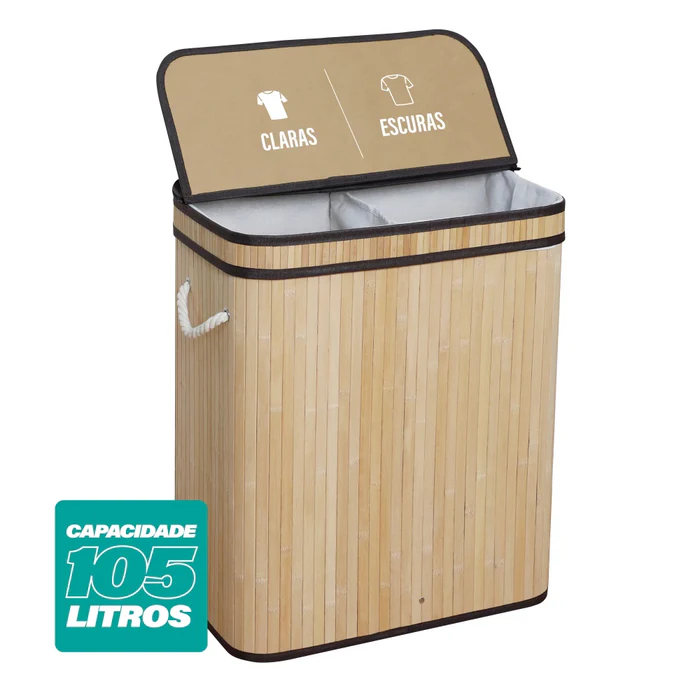 Cesto de Roupas Bambu 105L com Divisória – Design Natural e Organização Inteligente