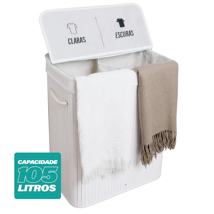 Cesto de Roupas Bambu 105L com Divisória – Design Natural e Organização Inteligente